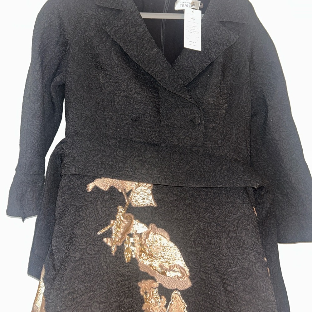 Teri Jon Black Textured Skirt Suit with Gold Metallic Detail